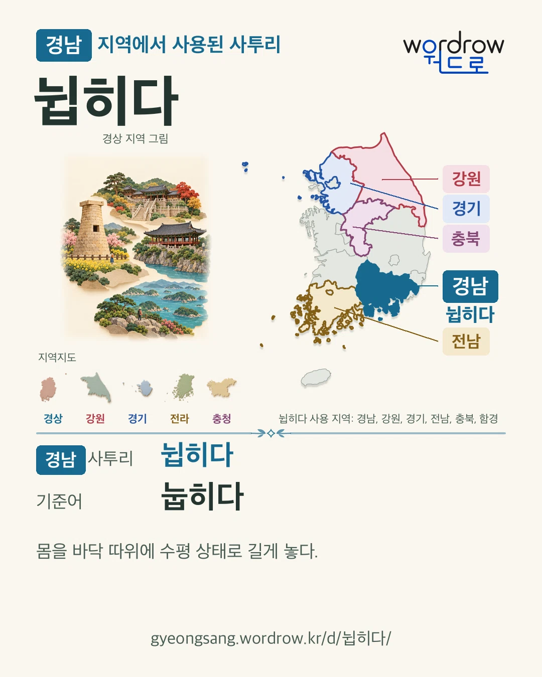 경남 지역에서 사용된 사투리 ‘뉩히다’. 기준어: 눕히다. 기록 지역을 표시한 지역 그림과 지도 카드.