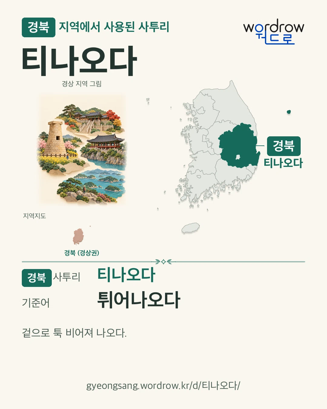 경북 지역에서 사용된 사투리 ‘티나오다’. 기준어: 튀어나오다. 기록 지역을 표시한 지역 그림과 지도 카드.