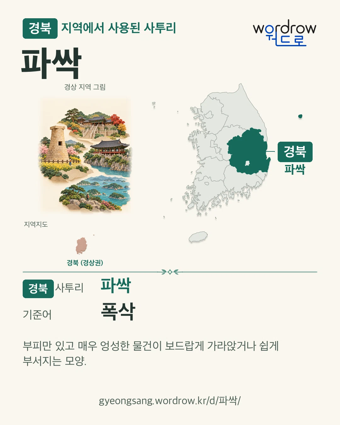 경북 지역에서 사용된 사투리 ‘파싹’. 기준어: 폭삭. 기록 지역을 표시한 지역 그림과 지도 카드.