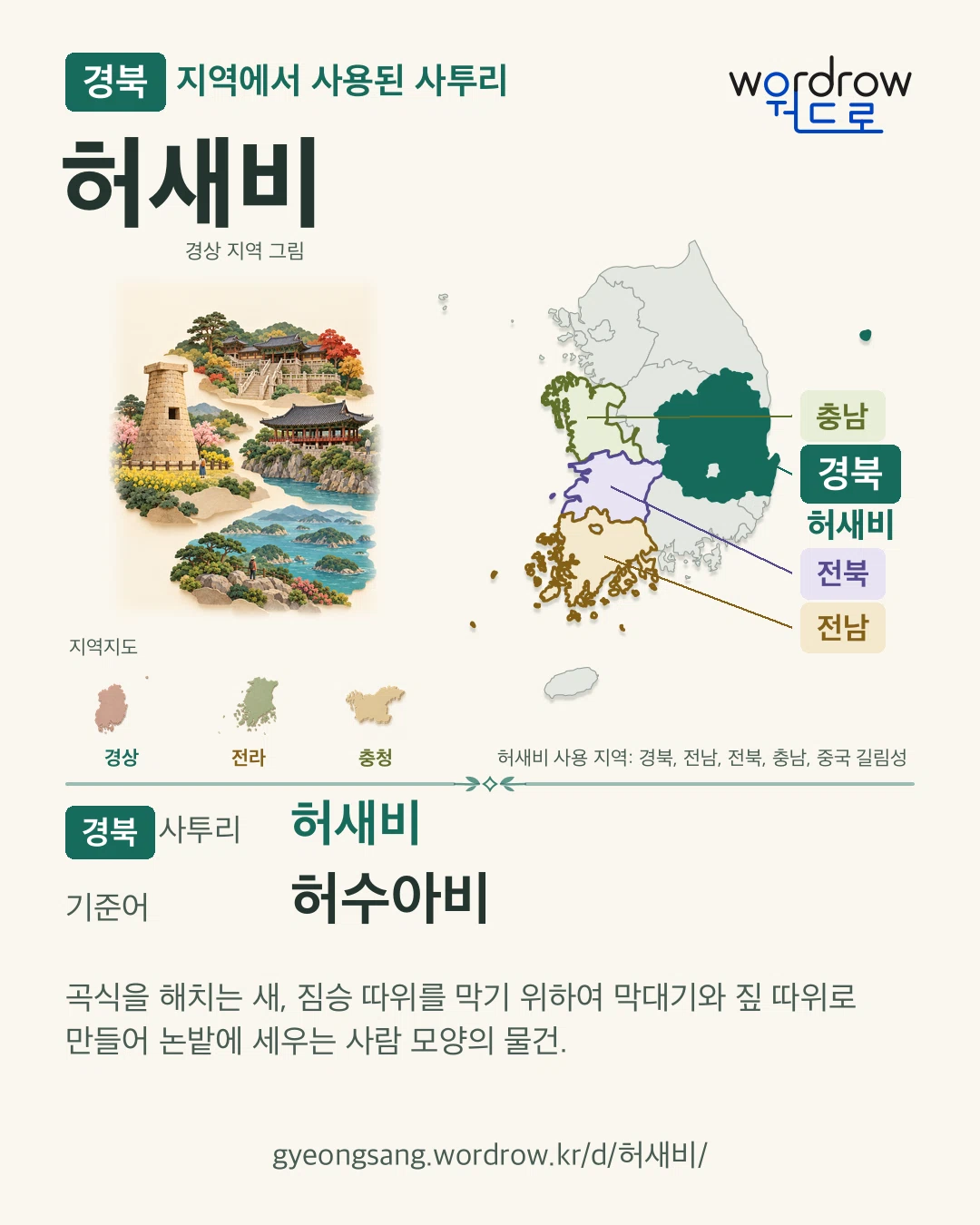 경북 지역에서 사용된 사투리 ‘허새비’. 기준어: 허수아비. 기록 지역을 표시한 지역 그림과 지도 카드.