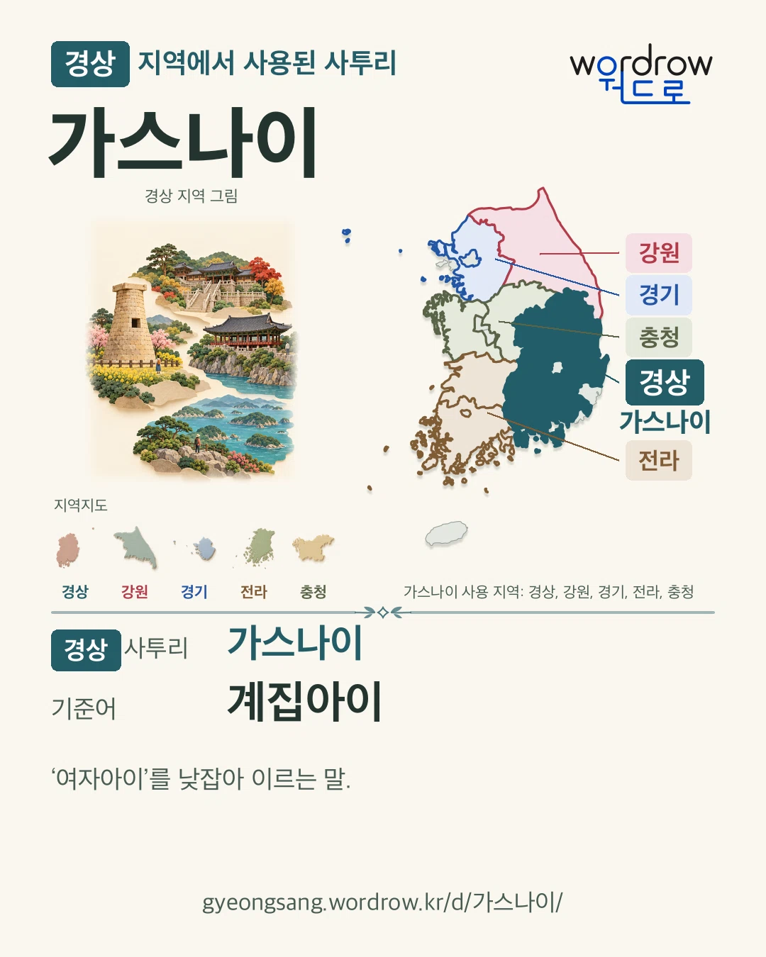 경상 지역에서 사용된 사투리 ‘가스나이’. 기준어: 계집아이. 기록 지역을 표시한 지역 그림과 지도 카드.