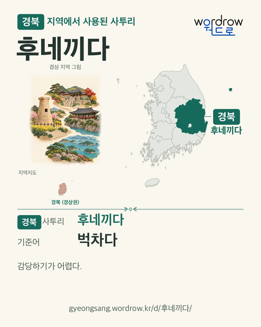 경북 지역에서 사용된 사투리 ‘후네끼다’. 기준어: 벅차다. 기록 지역을 표시한 지역 그림과 지도 카드.