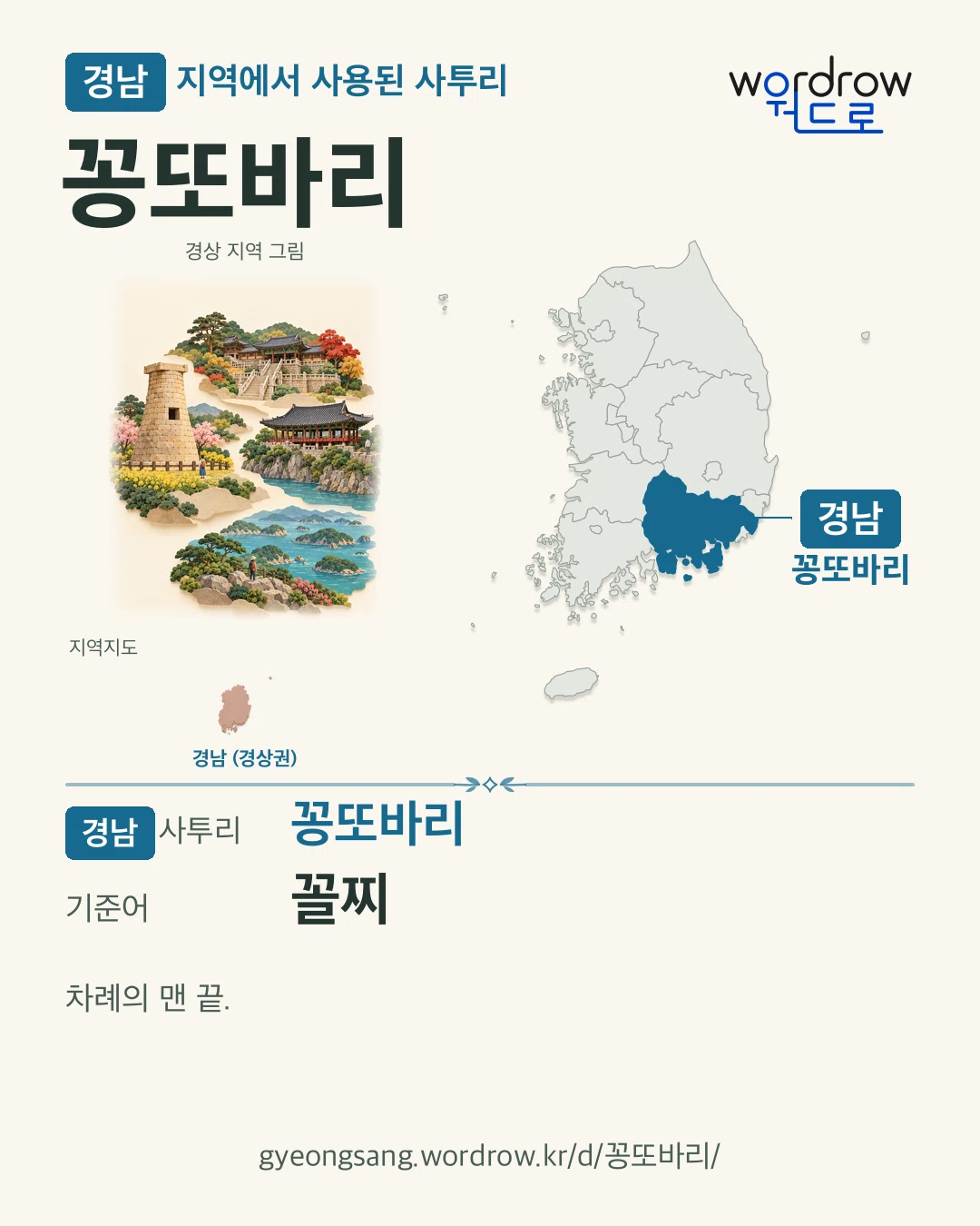 경남 지역에서 사용된 사투리 ‘꽁또바리’. 기준어: 꼴찌. 기록 지역을 표시한 지역 그림과 지도 카드.