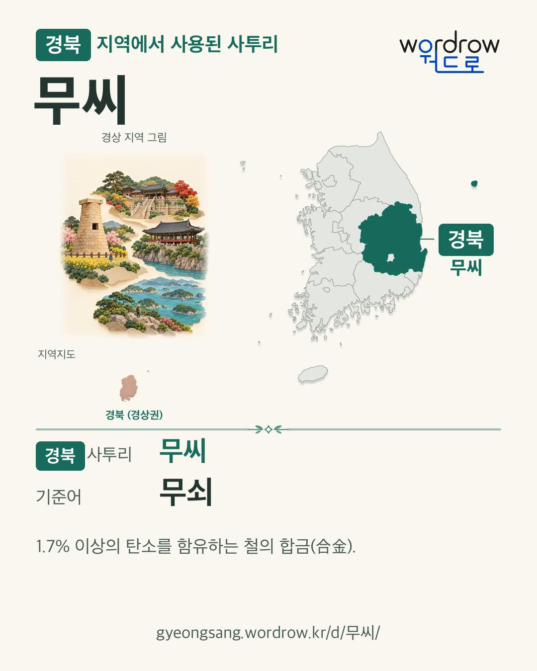 경북 지역에서 사용된 사투리 ‘무씨’. 기준어: 무쇠. 기록 지역을 표시한 지역 그림과 지도 카드.