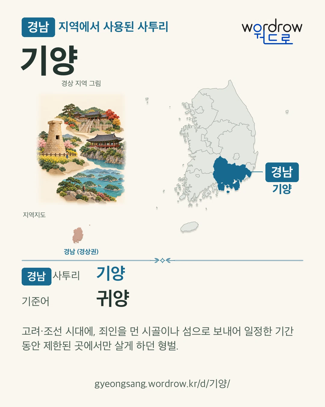 경남 지역에서 사용된 사투리 ‘기양’. 기준어: 귀양. 기록 지역을 표시한 지역 그림과 지도 카드.
