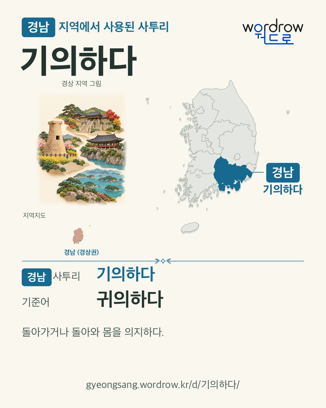 경남 지역에서 사용된 사투리 ‘기의하다’. 기준어: 귀의하다. 기록 지역을 표시한 지역 그림과 지도 카드.
