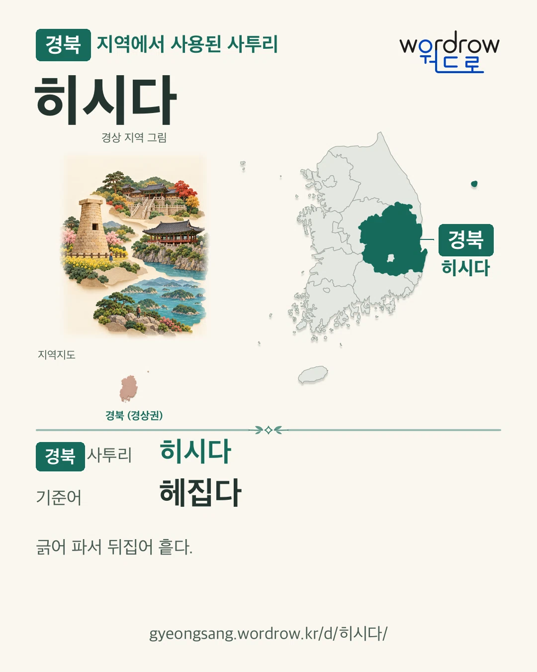 경북 지역에서 사용된 사투리 ‘히시다’. 기준어: 헤집다. 기록 지역을 표시한 지역 그림과 지도 카드.