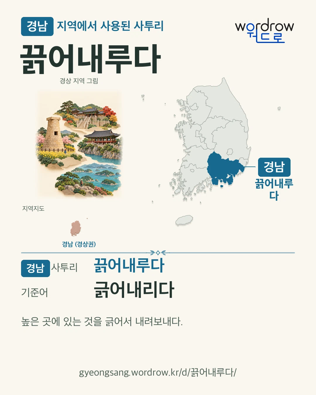 경남 지역에서 사용된 사투리 ‘끍어내루다’. 기준어: 긁어내리다. 기록 지역을 표시한 지역 그림과 지도 카드.
