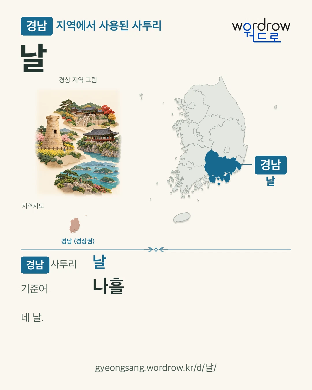 경남 지역에서 사용된 사투리 ‘날’. 기준어: 나흘. 기록 지역을 표시한 지역 그림과 지도 카드.