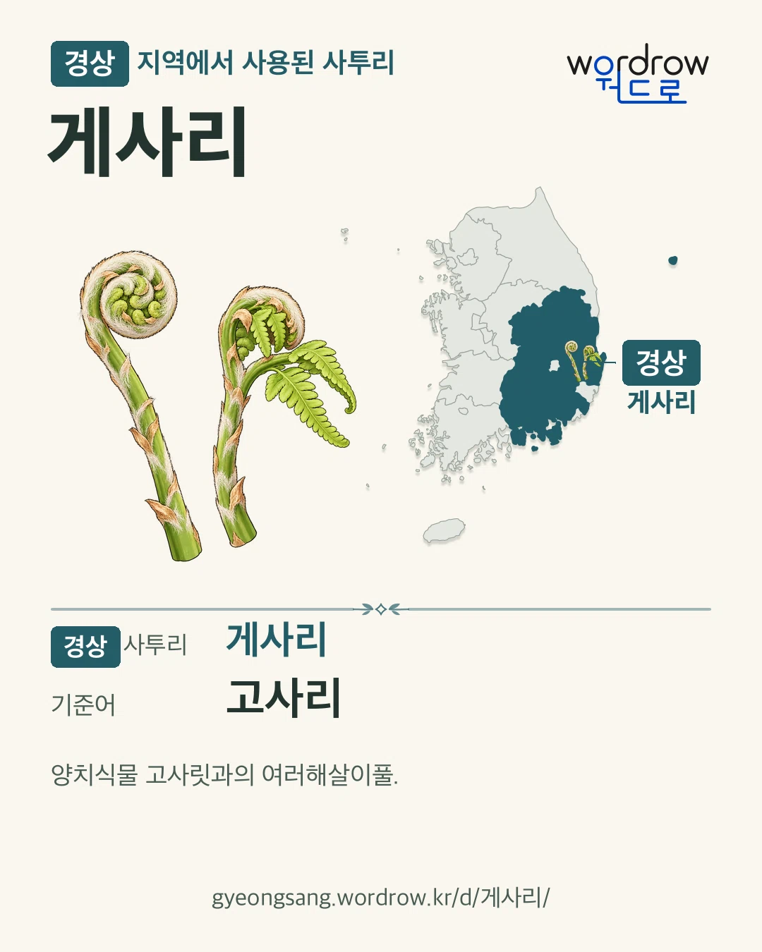 경상 지역에서 사용된 사투리 ‘게사리’. 기준어: 고사리. 기록 지역을 표시한 카툰 삽화와 지도 카드.