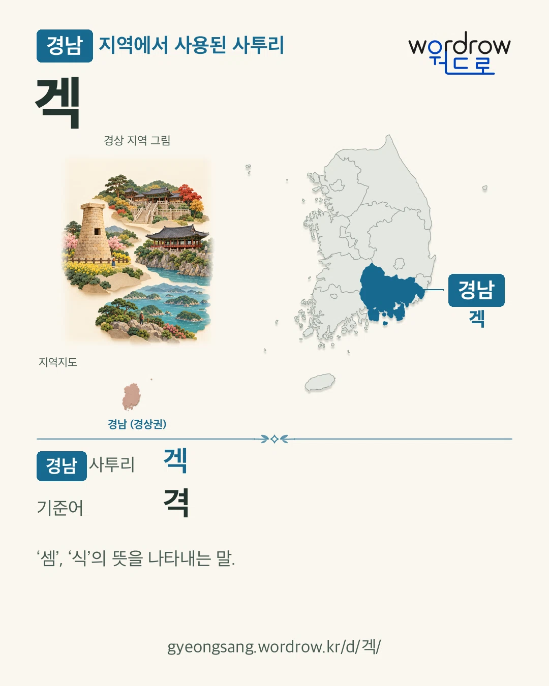경남 지역에서 사용된 사투리 ‘겍’. 기준어: 격. 기록 지역을 표시한 지역 그림과 지도 카드.