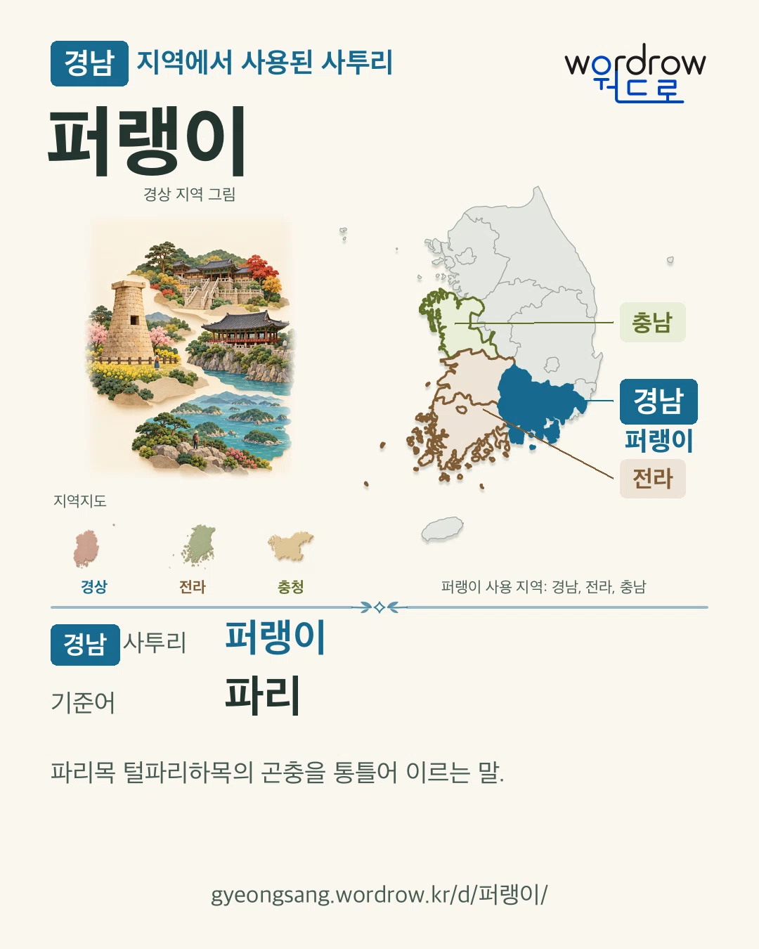 경남 지역에서 사용된 사투리 ‘퍼랭이’. 기준어: 파리. 기록 지역을 표시한 지역 그림과 지도 카드.