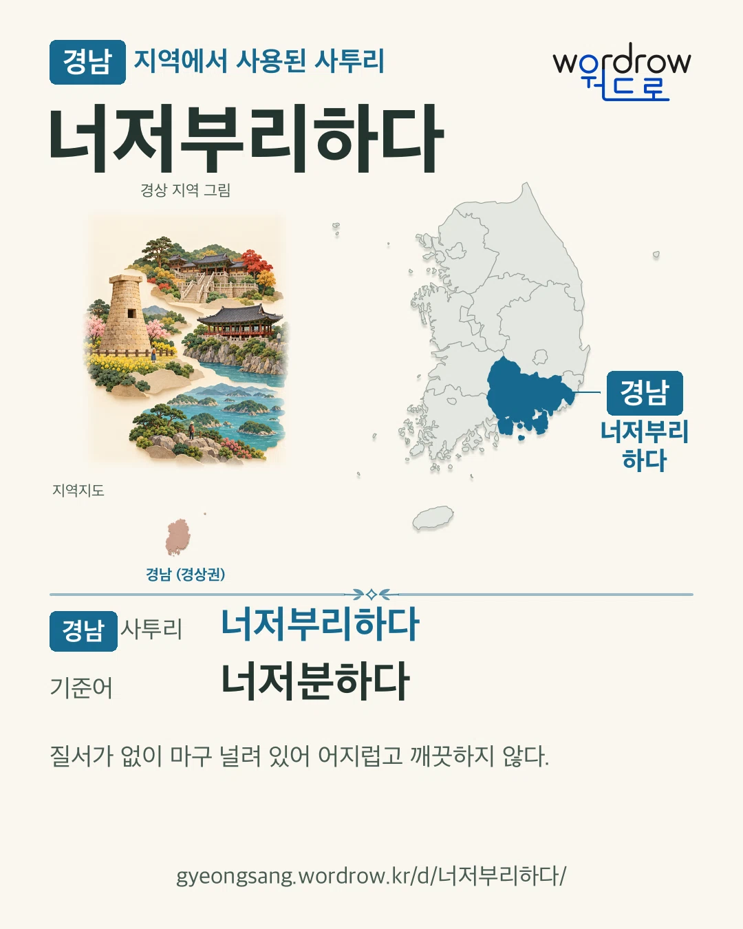 경남 지역에서 사용된 사투리 ‘너저부리하다’. 기준어: 너저분하다. 기록 지역을 표시한 지역 그림과 지도 카드.