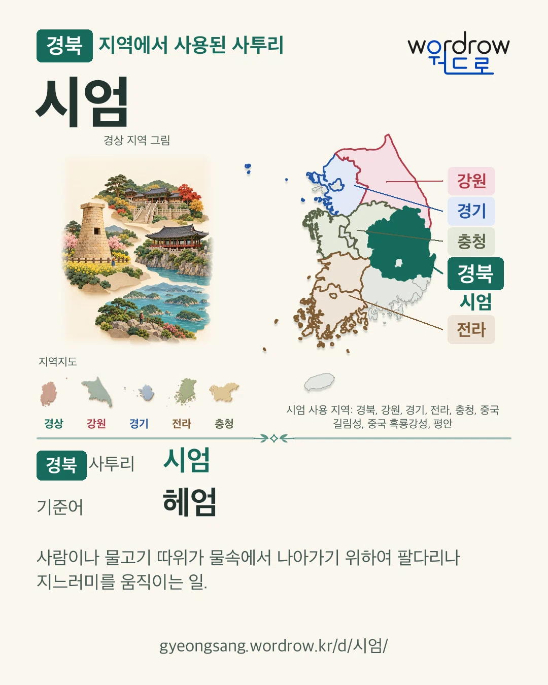 경북 지역에서 사용된 사투리 ‘시엄’. 기준어: 헤엄. 기록 지역을 표시한 지역 그림과 지도 카드.