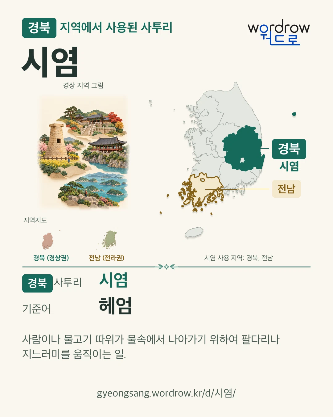 경북 지역에서 사용된 사투리 ‘시염’. 기준어: 헤엄. 기록 지역을 표시한 지역 그림과 지도 카드.