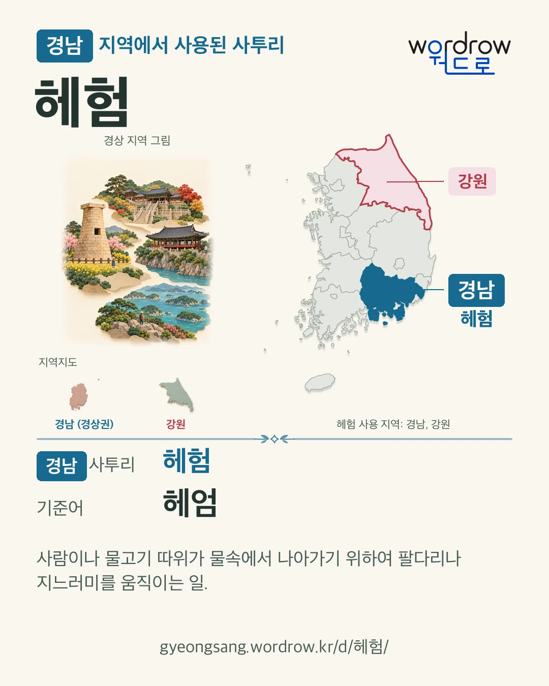 경남 지역에서 사용된 사투리 ‘헤험’. 기준어: 헤엄. 기록 지역을 표시한 지역 그림과 지도 카드.
