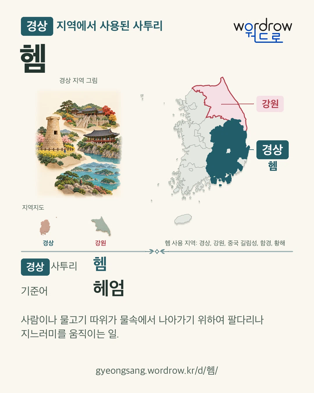 경상 지역에서 사용된 사투리 ‘헴’. 기준어: 헤엄. 기록 지역을 표시한 지역 그림과 지도 카드.
