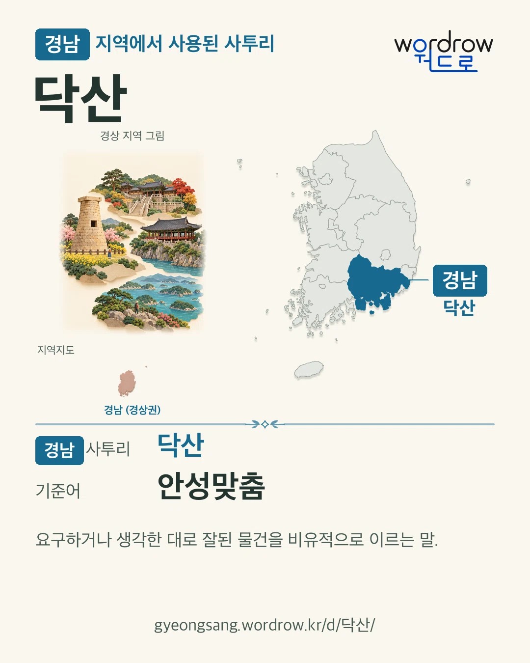 경남 지역에서 사용된 사투리 ‘닥산’. 기준어: 안성맞춤. 기록 지역을 표시한 지역 그림과 지도 카드.