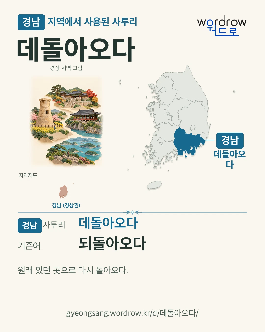 경남 지역에서 사용된 사투리 ‘데돌아오다’. 기준어: 되돌아오다. 기록 지역을 표시한 지역 그림과 지도 카드.