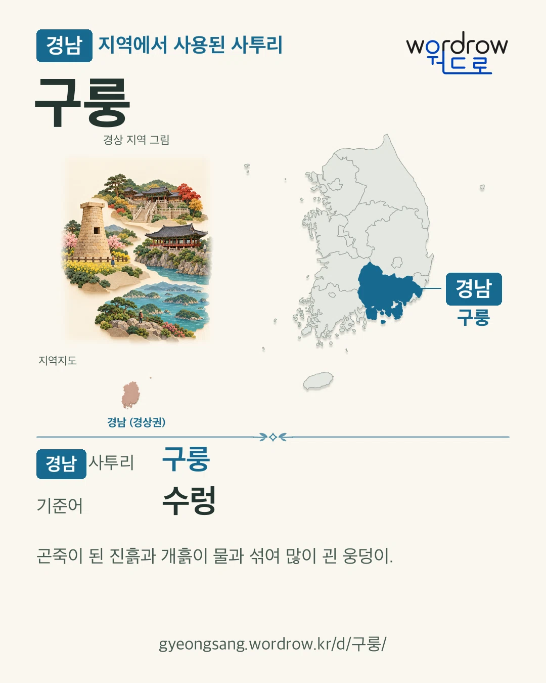 경남 지역에서 사용된 사투리 ‘구룽’. 기준어: 수렁. 기록 지역을 표시한 지역 그림과 지도 카드.