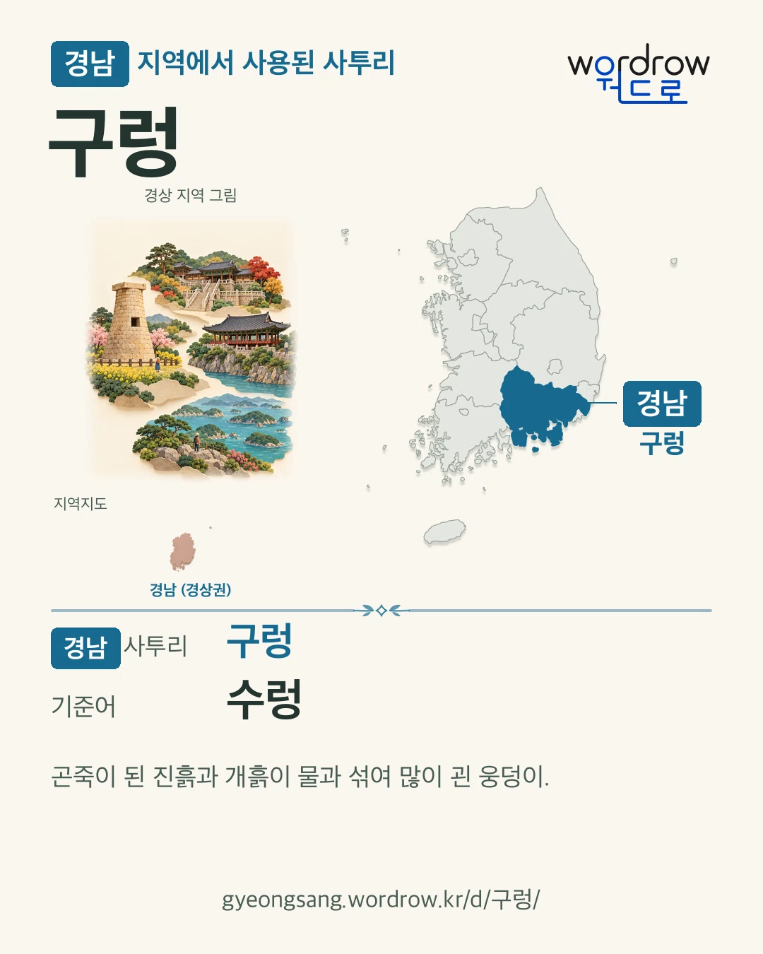 경남 지역에서 사용된 사투리 ‘구렁’. 기준어: 수렁. 기록 지역을 표시한 지역 그림과 지도 카드.