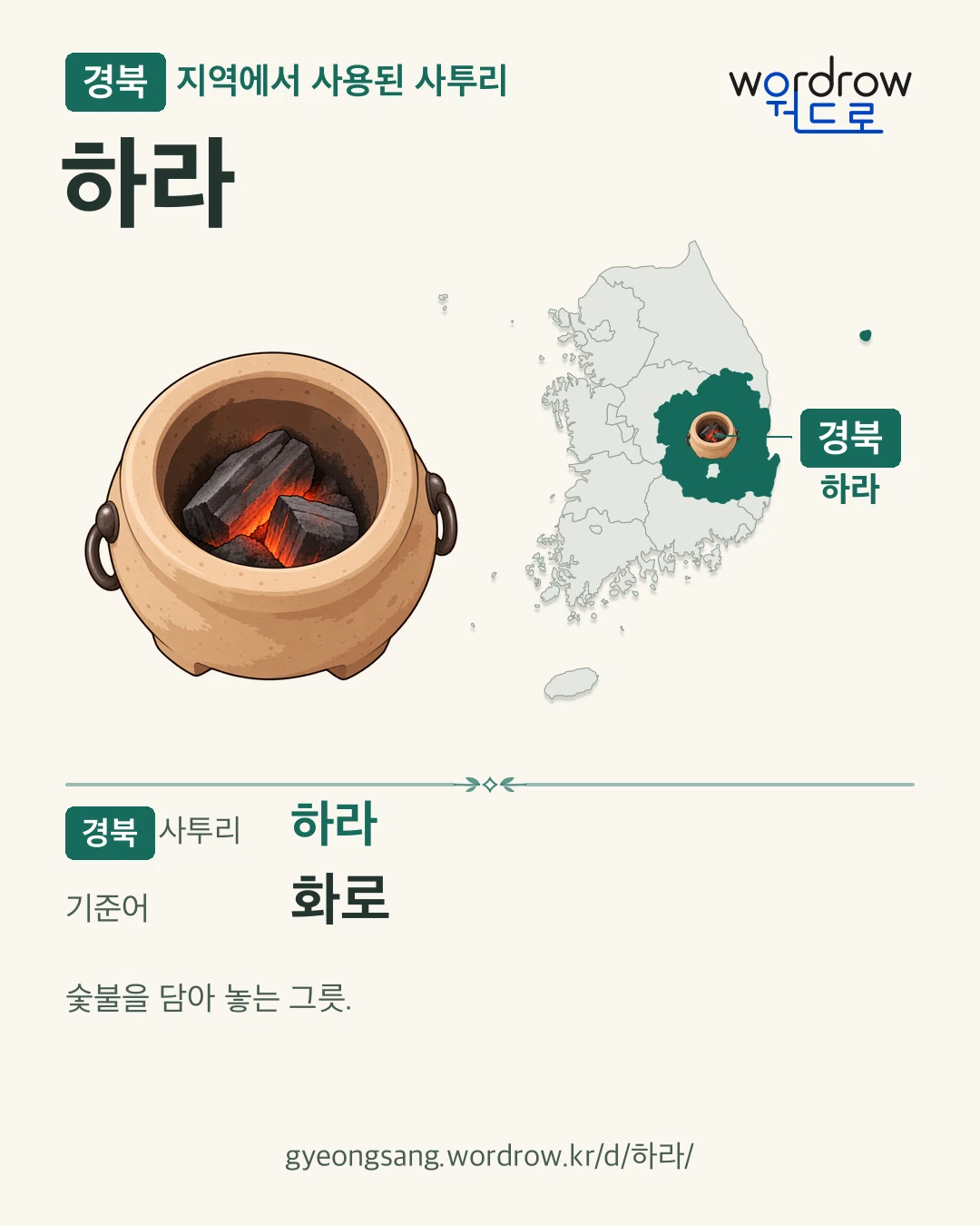 경북 지역에서 사용된 사투리 ‘하라’. 기준어: 화로. 기록 지역을 표시한 카툰 삽화와 지도 카드.
