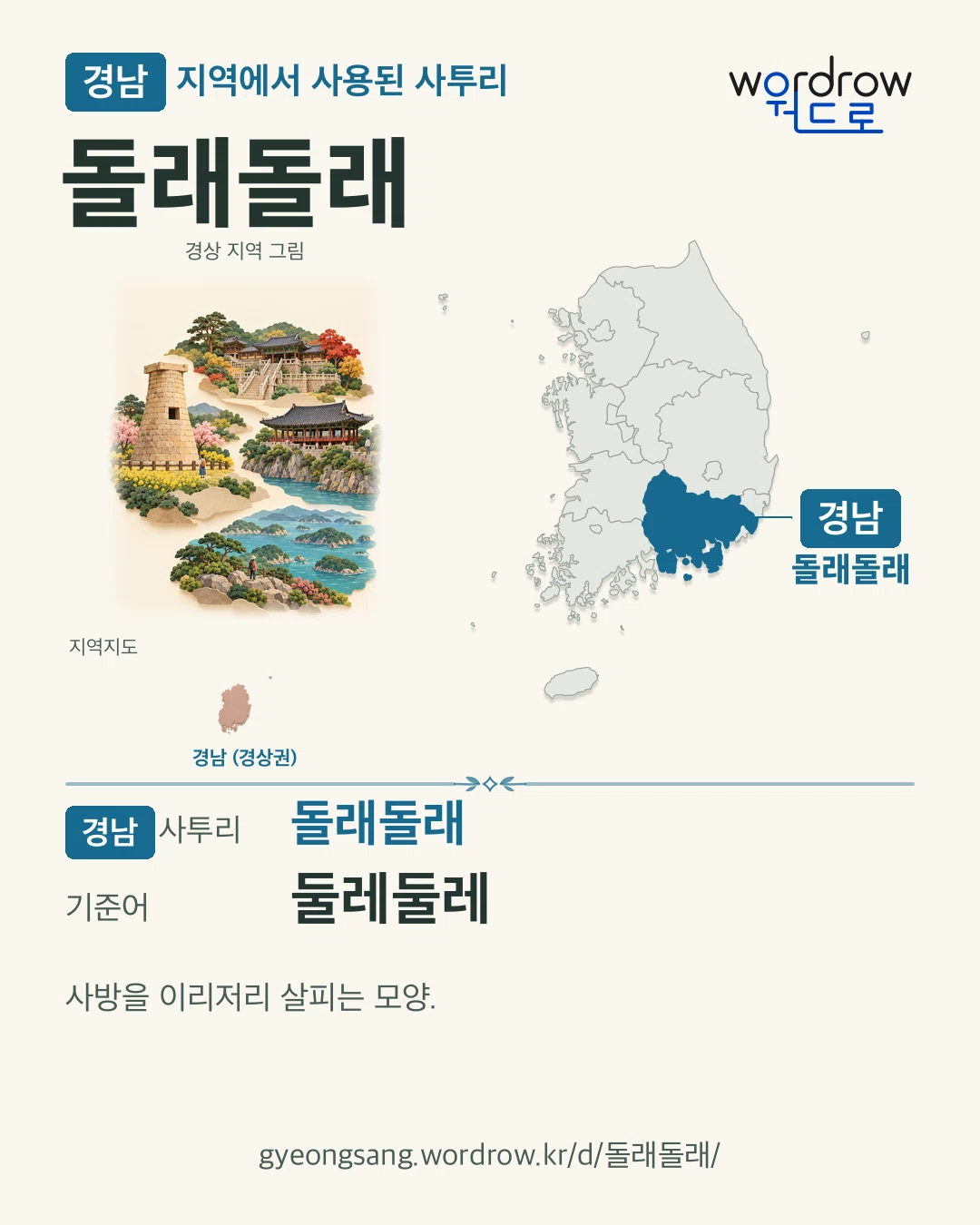 경남 지역에서 사용된 사투리 ‘돌래돌래’. 기준어: 둘레둘레. 기록 지역을 표시한 지역 그림과 지도 카드.