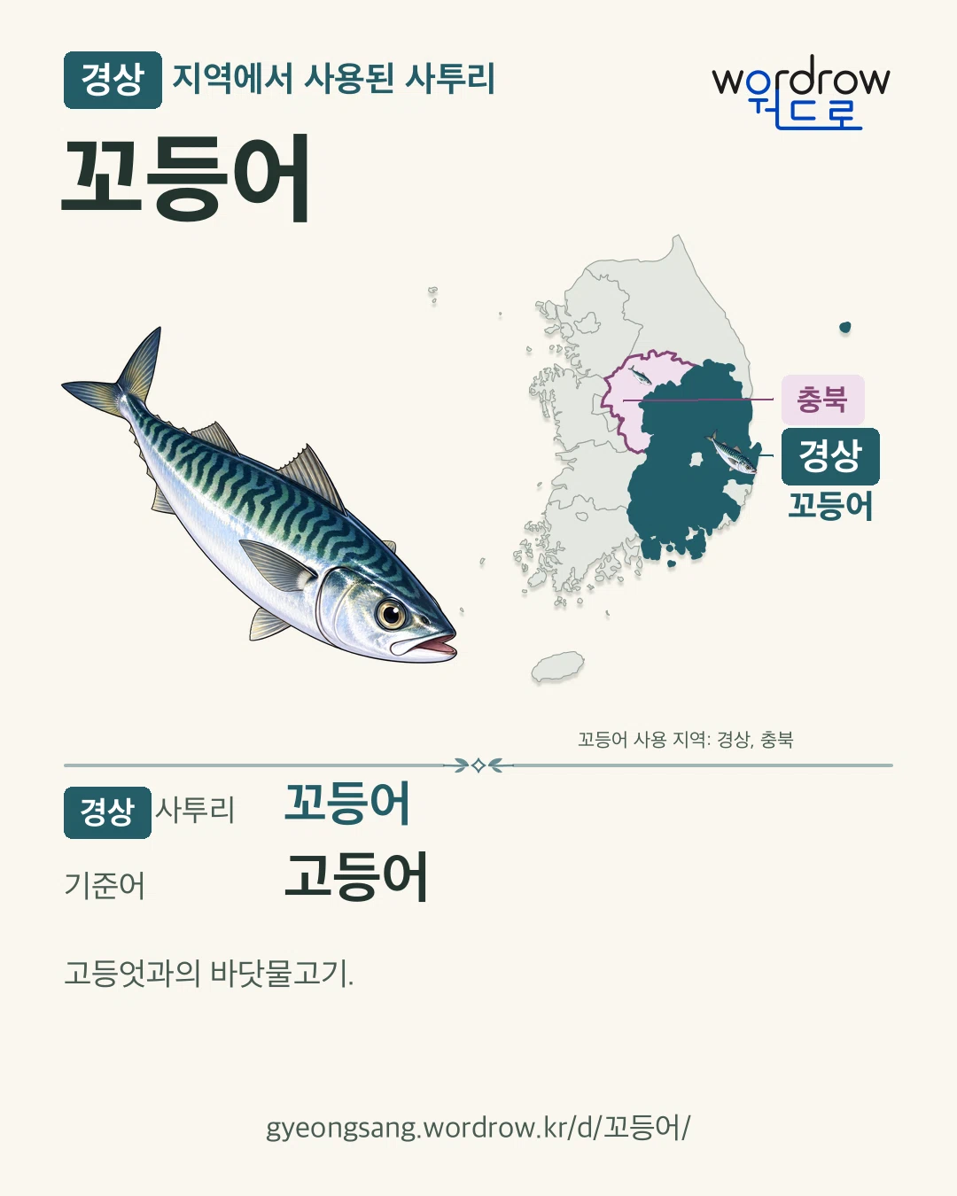경상 지역에서 사용된 사투리 ‘꼬등어’. 기준어: 고등어. 기록 지역을 표시한 카툰 삽화와 지도 카드.