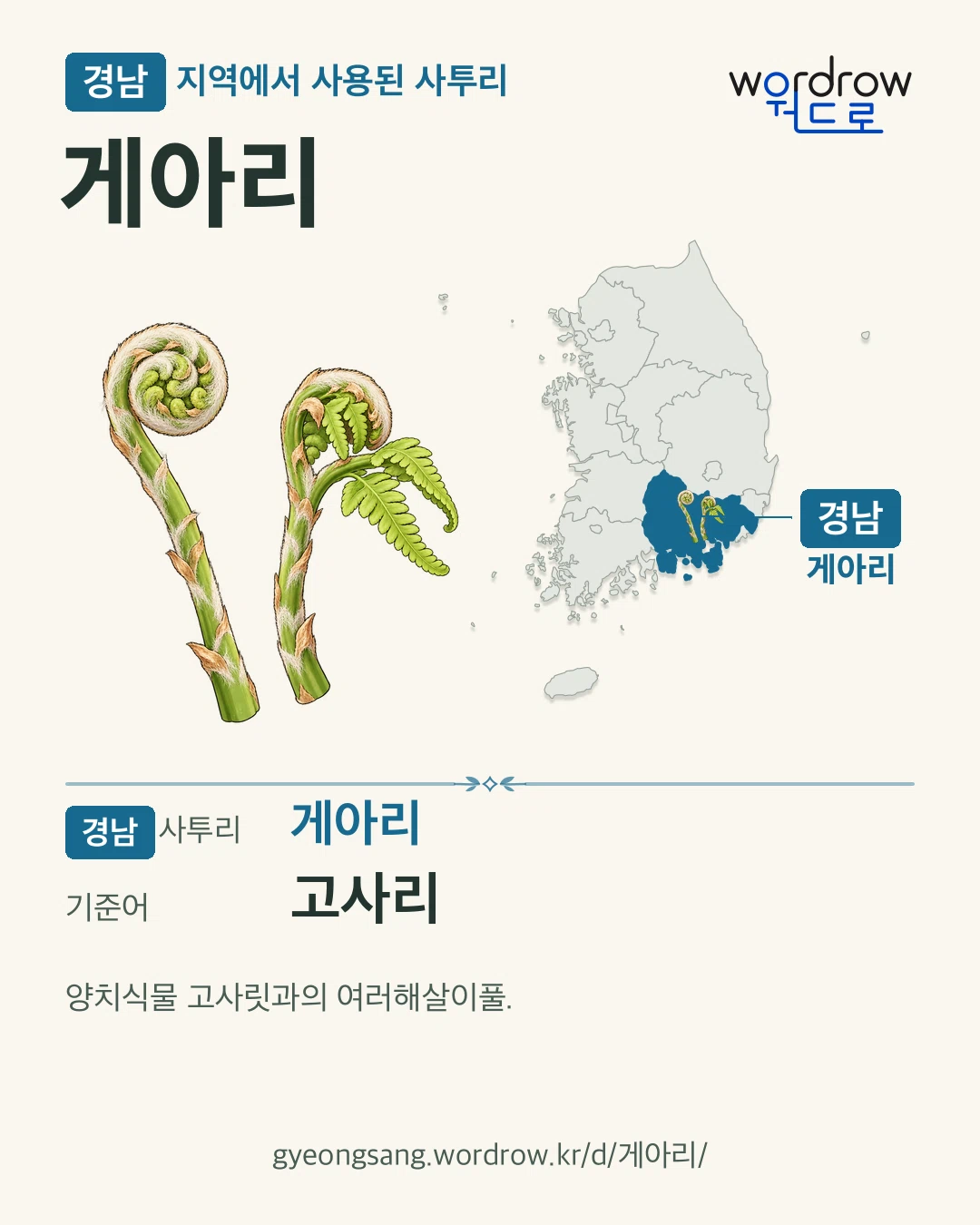 경남 지역에서 사용된 사투리 ‘게아리’. 기준어: 고사리. 기록 지역을 표시한 카툰 삽화와 지도 카드.