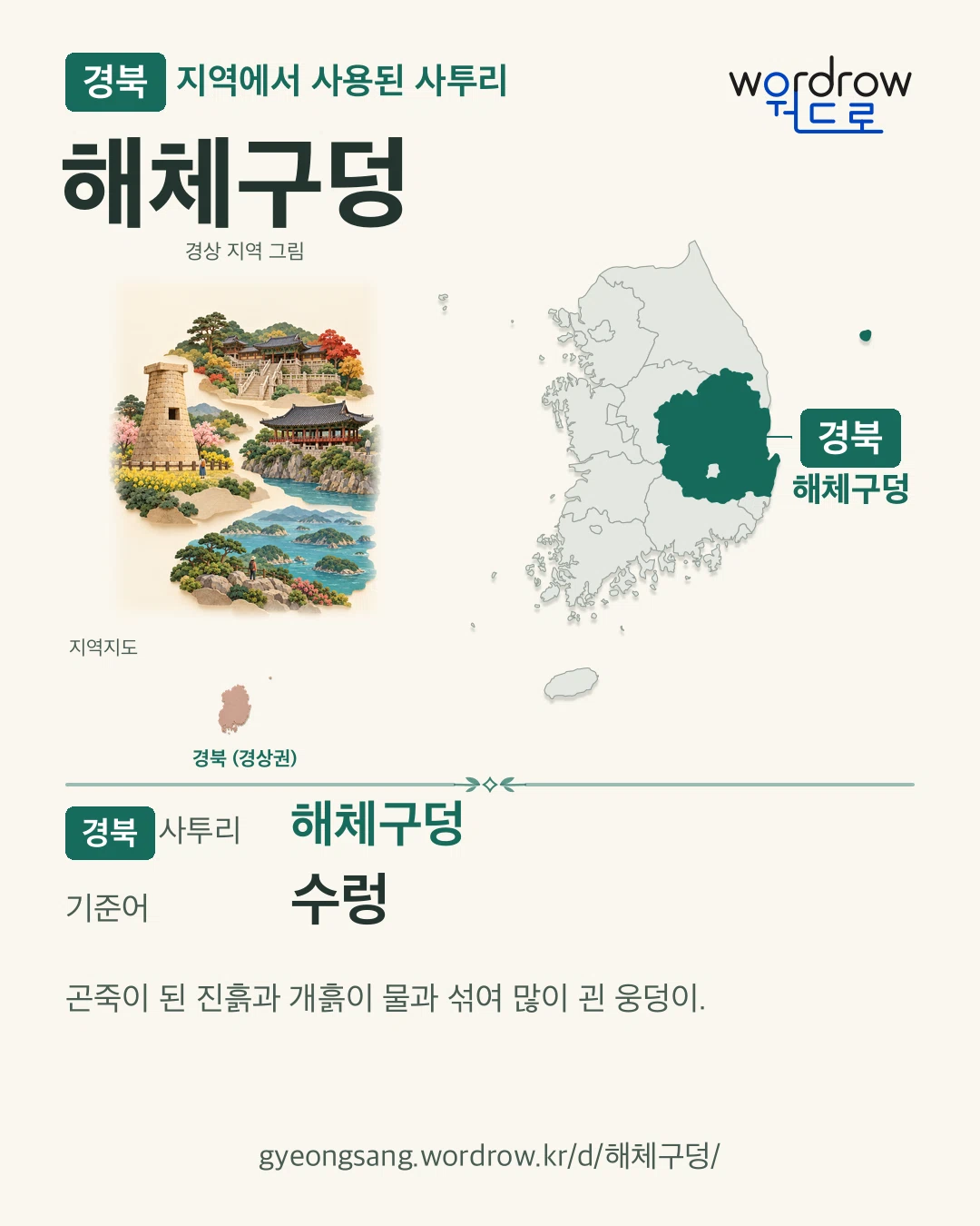 경북 지역에서 사용된 사투리 ‘해체구덩’. 기준어: 수렁. 기록 지역을 표시한 지역 그림과 지도 카드.