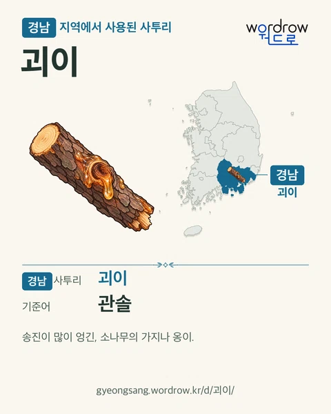 경남 지역에서 사용된 사투리 ‘괴이’. 기준어: 관솔. 기록 지역을 표시한 카툰 삽화와 지도 카드.