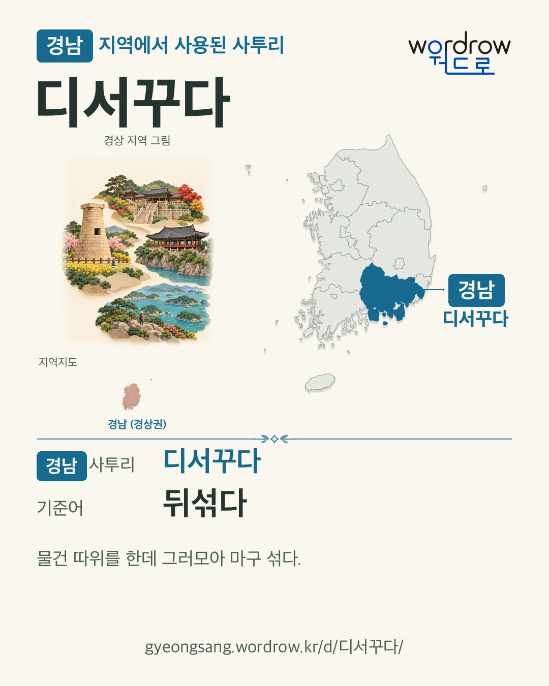 경남 지역에서 사용된 사투리 ‘디서꾸다’. 기준어: 뒤섞다. 기록 지역을 표시한 지역 그림과 지도 카드.