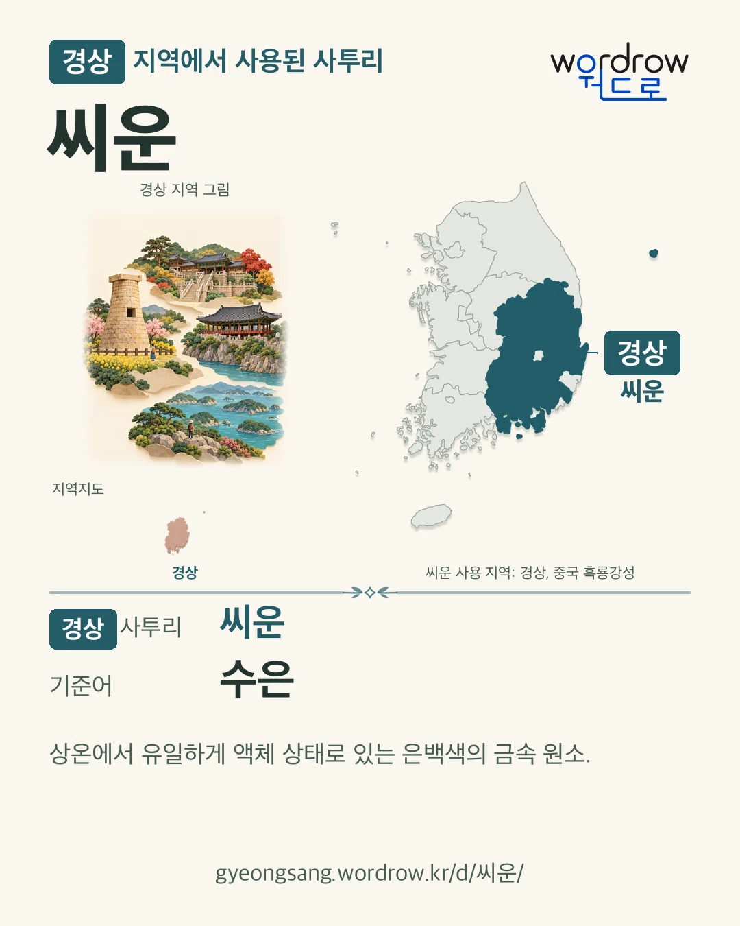 경상 지역에서 사용된 사투리 ‘씨운’. 기준어: 수은. 기록 지역을 표시한 지역 그림과 지도 카드.