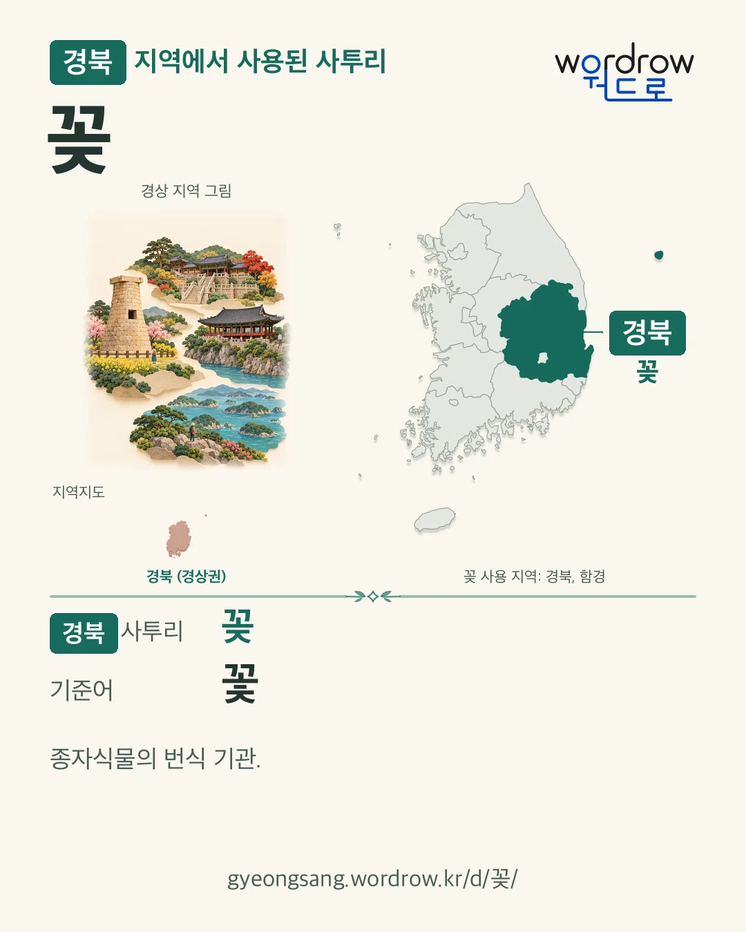 경북 지역에서 사용된 사투리 ‘꽂’. 기준어: 꽃. 기록 지역을 표시한 지역 그림과 지도 카드.