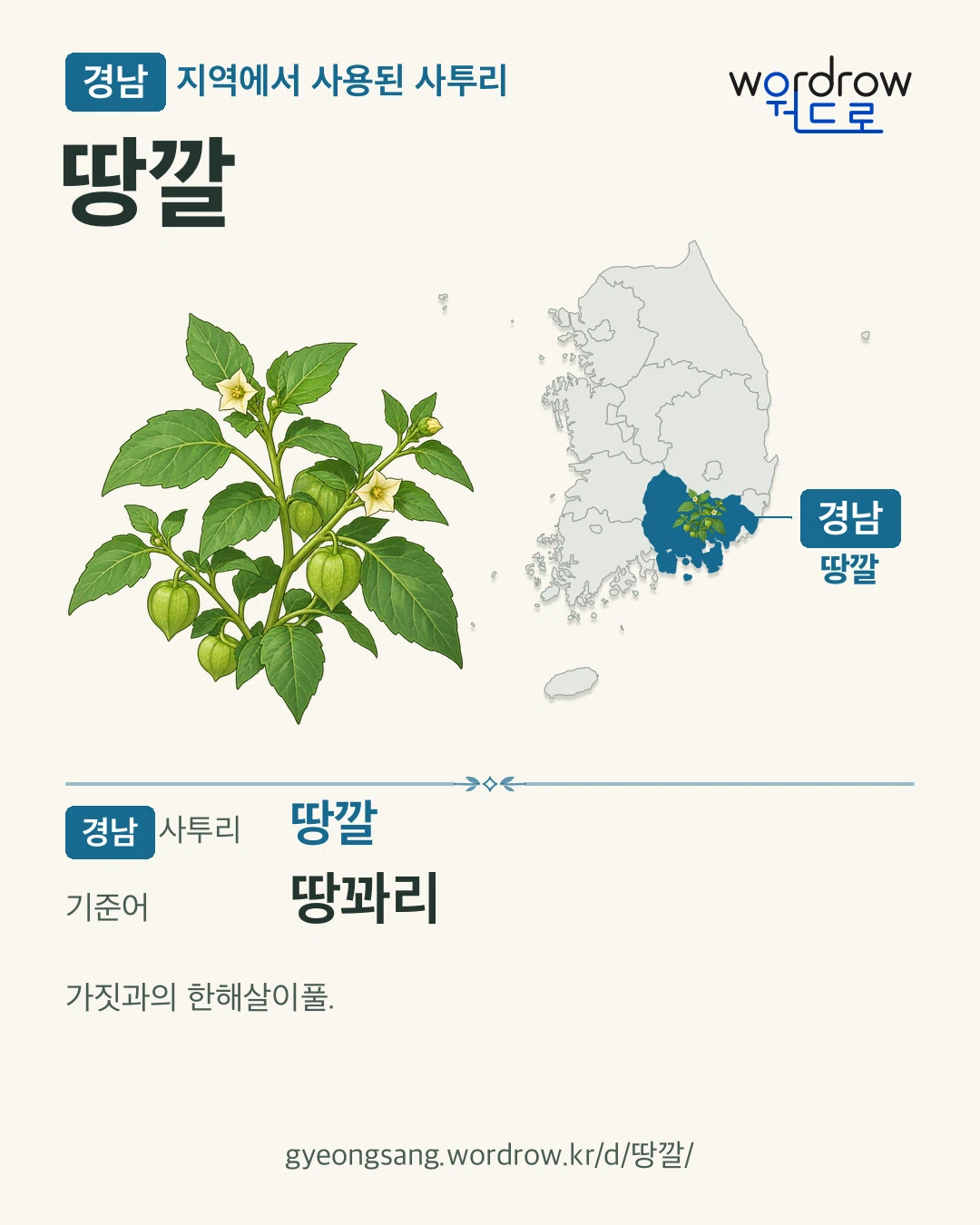 경남 지역에서 사용된 사투리 ‘땅깔’. 기준어: 땅꽈리. 기록 지역을 표시한 카툰 삽화와 지도 카드.