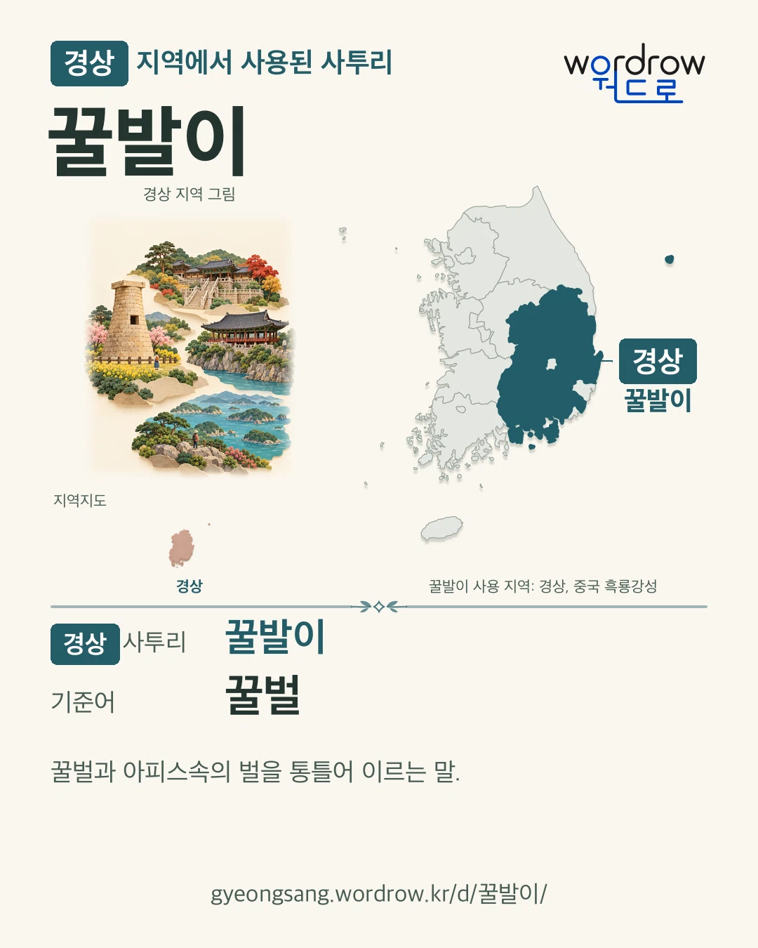 경상 지역에서 사용된 사투리 ‘꿀발이’. 기준어: 꿀벌. 기록 지역을 표시한 지역 그림과 지도 카드.
