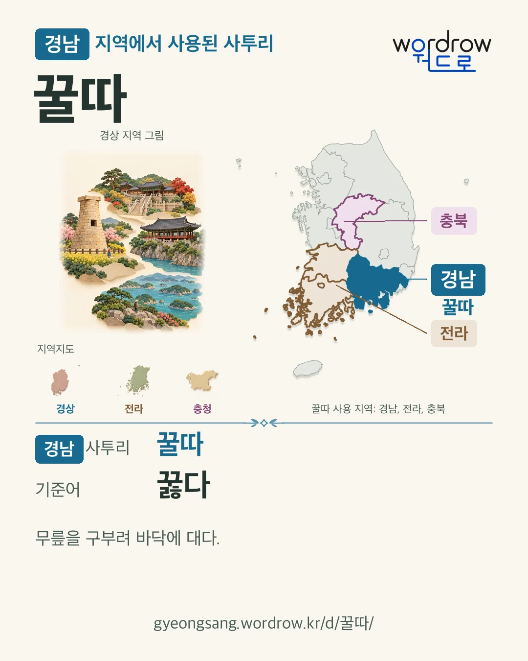 경남 지역에서 사용된 사투리 ‘꿀따’. 기준어: 꿇다. 기록 지역을 표시한 지역 그림과 지도 카드.