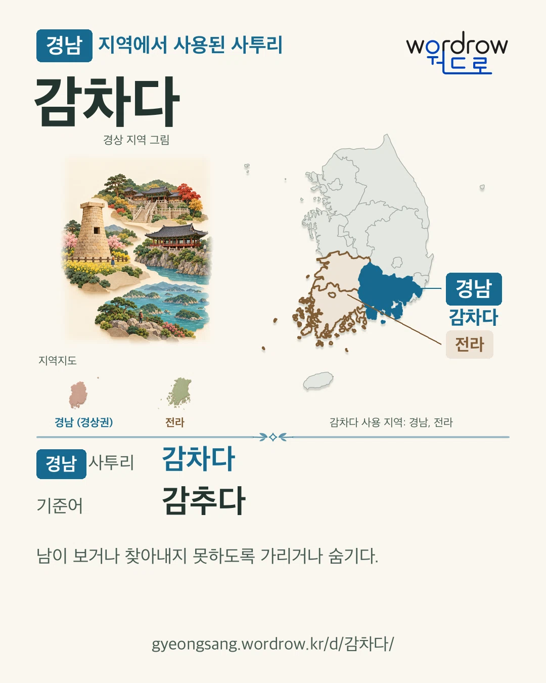 경남 지역에서 사용된 사투리 ‘감차다’. 기준어: 감추다. 기록 지역을 표시한 지역 그림과 지도 카드.