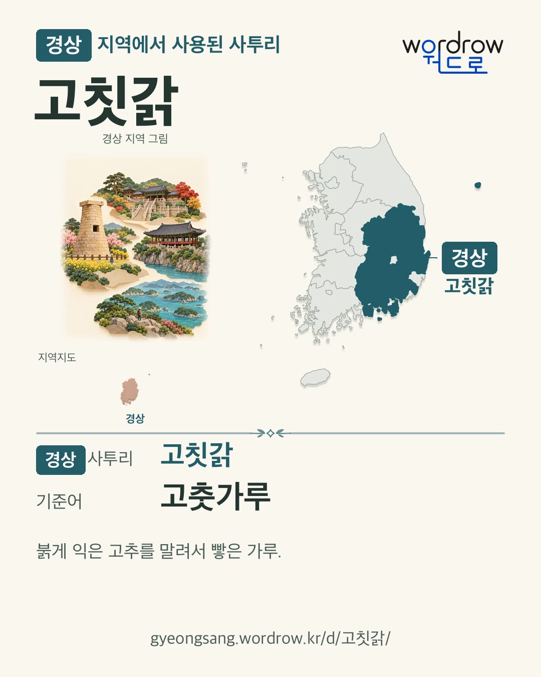 경상 지역에서 사용된 사투리 ‘고칫갉’. 기준어: 고춧가루. 기록 지역을 표시한 지역 그림과 지도 카드.