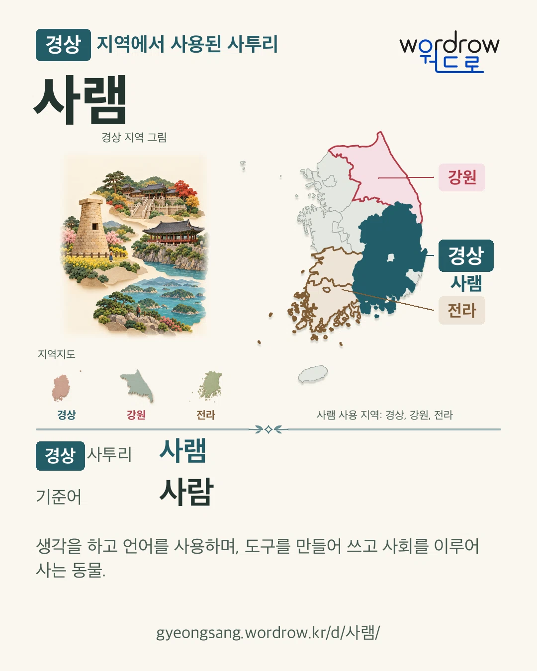 경상 지역에서 사용된 사투리 ‘사램’. 기준어: 사람. 기록 지역을 표시한 지역 그림과 지도 카드.